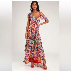 New w Tag: Lulus Radiant Ruby Red Floral Print Chiffon Maxi Dress. Size Small